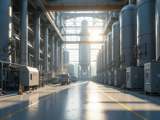 现代化工业厂房外景，大型制造设备整齐排列，蓝天白云背景，展现企业实力与规模