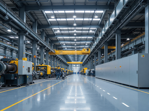 工业设备制造现场，大型机械设备正在组装调试，展现重型制造能力