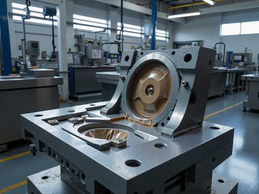 模具制造车间内部，工人正在操作大型加工设备，展现精密模具制造过程